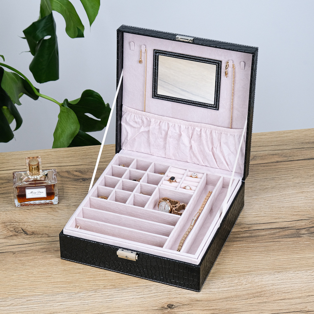 Шкатулка для прикрас з дзеркалом з екошкіри чорна 26*26*8.5 см Гранд Презент JZ-012-2