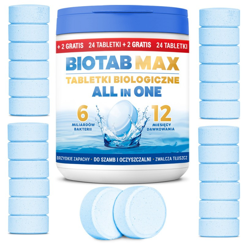 Таблетки для септиків та очисних споруд BioTab MAX All in One 24таб+2 шт. у подарунок