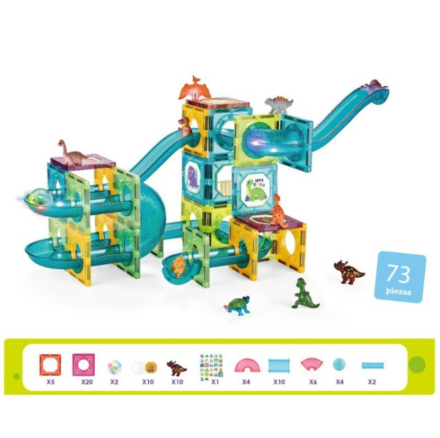 Магнітний конструктор DIY 73 деталі Magnetic Blocks "Динозаври" динамічний конструктор гірки лабіринт, фото 1