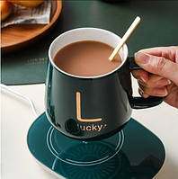 Чашка керамічна темно-зелена з підставкою — підігрівом, зарядкою USB YU227