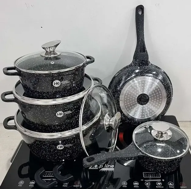 Набір посуду Higher Kitchen HK-305 з антипригарним покриттям граніт чорний, каструлі+сковорідка