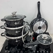 Набір посуду Higher Kitchen HK-305 з антипригарним покриттям граніт чорний, каструлі+сковорідка