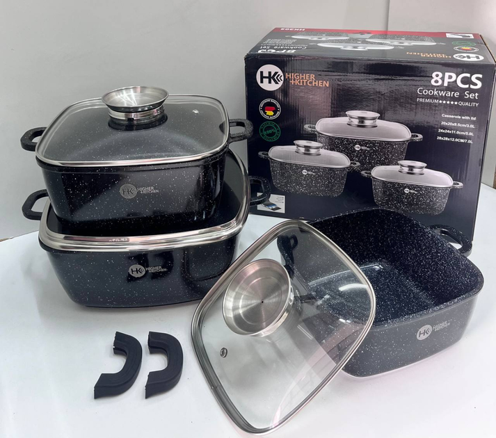 Набір квадратних каструль із гранітним покриттям на 8 предметів Higher Kitchen НК-302 Чорний
