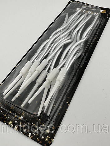 Свічки для торта хвилясті срібло 12шт, святкові срібні свічки на день народження висота 11см, фото 1