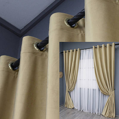 Комплект (2шт. 1,5х2,8м.) штор на люверсах з тканини оксамит (бархат). Колір бежевий. Код 1653ш 37-0229