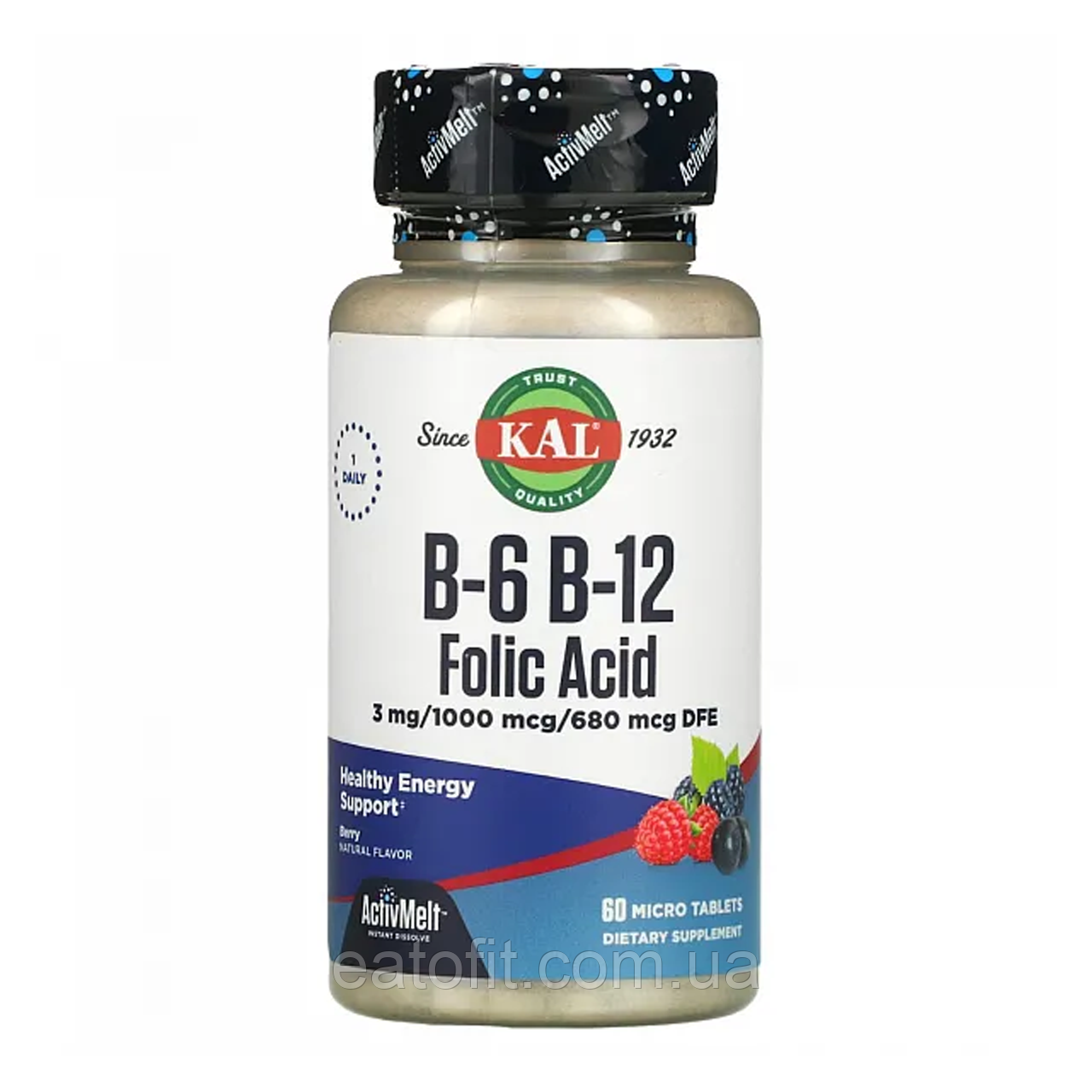 Вітаміни B6 B12 фолієва кислота 3мг/400мкг/1000мкг, 60 табл, зі смаком ягід (B-6 B-12 Folic Acid) CAL-65185, фото 1