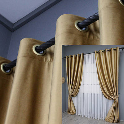 Комплект (2шт. 1,5х2,8м.) штор на люверсах з тканини оксамит (бархат). Колір карамельний. Код 1654ш 37-0230