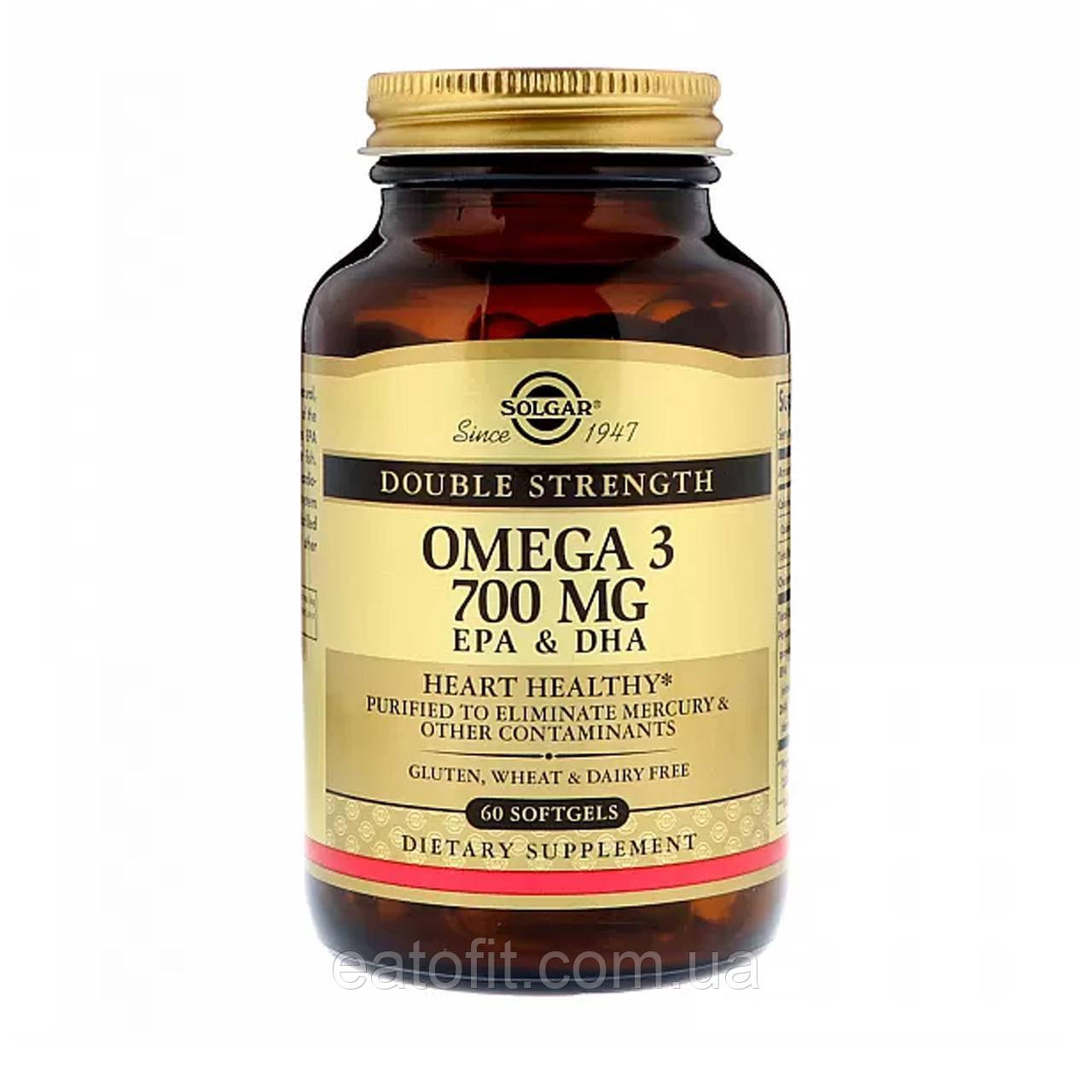 Омега-3, риб'ячий жир, Omega-3, EPA & DHA, Solgar, подвійна сила, 700 мг, 60 гелевих капсул SOL-02051, фото 1