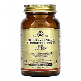 Чорниця, гінкго, очанка плюс лютеїн, Bilberry Ginkgo Eyebright Lutein, Solgar, комплекс, 60 капсул SOL-00316