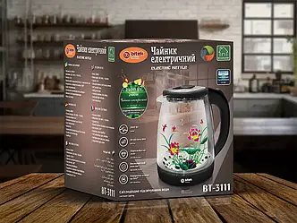 Чайник електричний скляний з квіткою 1,8л 2400Вт синє LED-підсвічування BITEK BT-3111 12шт 9467