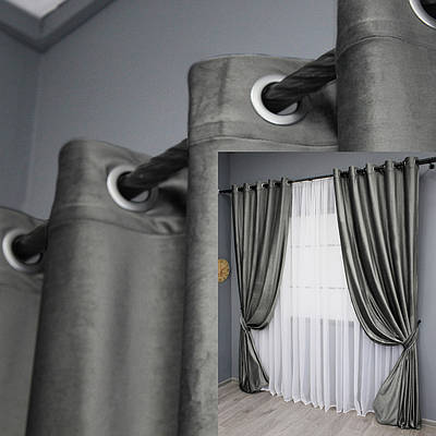 Комплект (2шт. 1,5х2,8м.) штор на люверсах з тканини оксамит (бархат). Колір сірий. Код 1658ш 37-0228