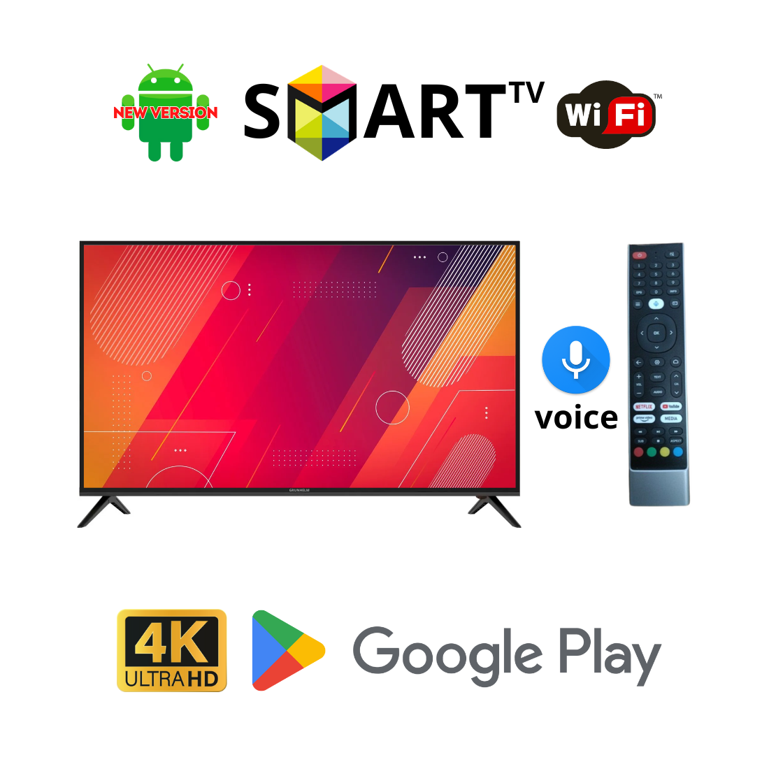 Телевізор Grunhelm 34" I Android 15.0/Smart TV/DVB/T2/FullHD/USB/ (1980x1080) блютуз + голосове управління