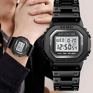 Чоловічий спортивний годинник чорний електронний наручний з нержавіючої сталі з підсвічуванням будильник Skmei