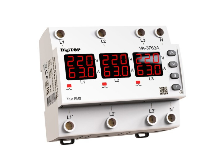 Реле напруги та струму дворежимне одно/трифазне VА-3F63А M6R на DIN-рейку, 3*63А, 3*13500Вт, 120-270В, шестимодульне з індикатором, фото 1