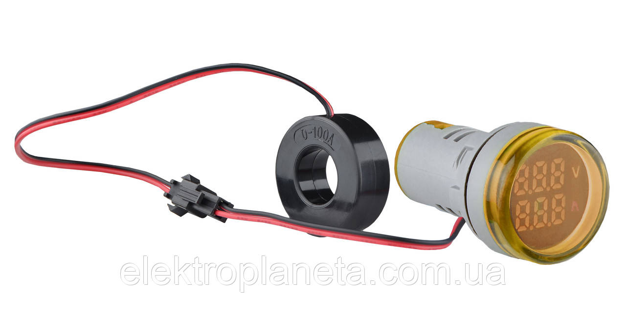 Світлосигнальна арматура з індикатором напруги (АС) та струму серії U-ADM-VA ᴓ22мм, кругла, жовта, фото 1