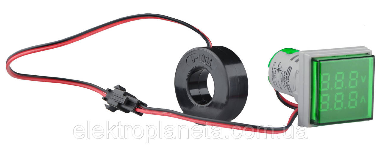 Світлосигнальна арматура з індикатором напруги (АС) та струму серії U-ADM-VA ᴓ22мм, квадратна, зелена, фото 1