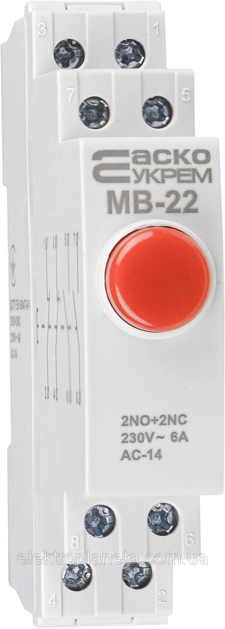 Модульна кнопка без фіксації 2NO+2NC 230V АС МВ-22 червона, фото 1