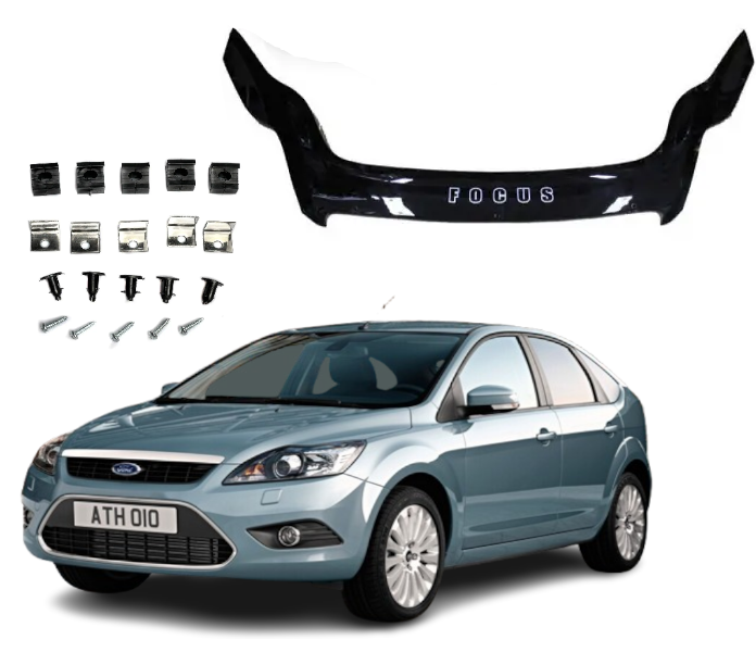 Дефлектор капота на Ford Focus II 2008-2011 рестайлінг євро кріплення. Мухобійка на Форд Фокус 2