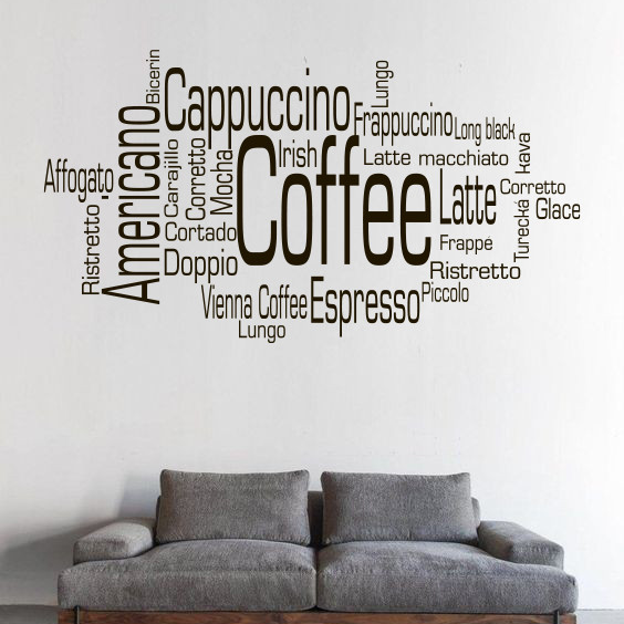 Інтер'єрна наклейка Види кави стікери для кухні наклейки написи літери на стіни матова 1000х550 мм