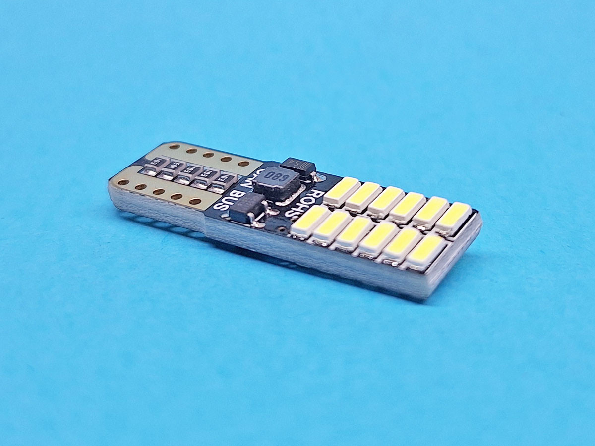 Світлодіодна лампа T10 W2,1x9,5d 24 SMD (4014) 12-24V WHITE з обманкою, друкована плата, неполярна
