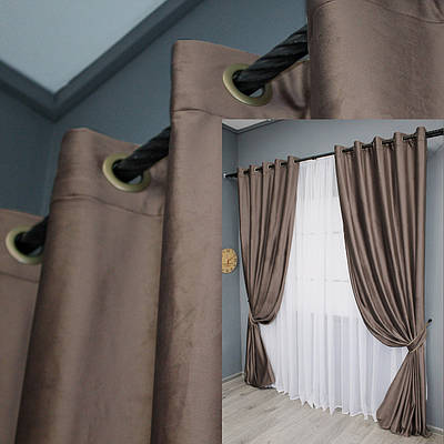 Комплект (2шт. 1,5х2,8м.) штор на люверсах з тканини оксамит (бархат). Колір какао. Код 1655ш 37-0227