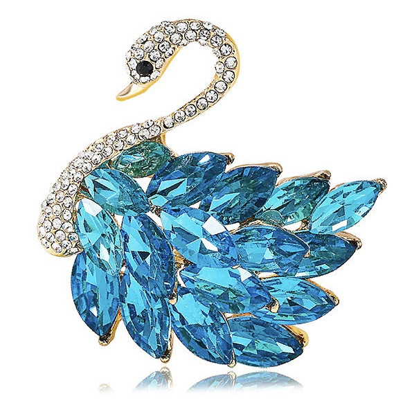 Брошка на золотистій основі лебідь з кришталевими білими та бірюзовими камінчиками розмір виробу 45х45 мм