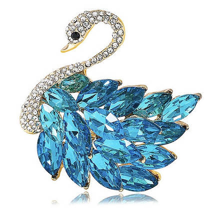 Брошка на золотистій основі лебідь з кришталевими білими та бірюзовими камінчиками розмір виробу 45х45 мм, фото 1
