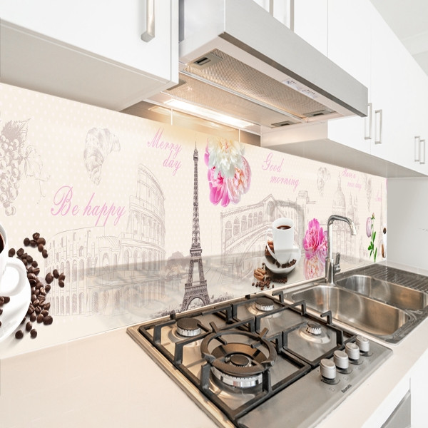 Наклейка на кухонний фартух 60 х 200 см, з захисною ламінацією, чашка кави з квітами на ніжно-рожевому фоні