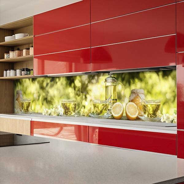 Наклейка на кухонний фартух 60 х 200 см, з захисною ламінацією, чашка чаю з лимоном на природі