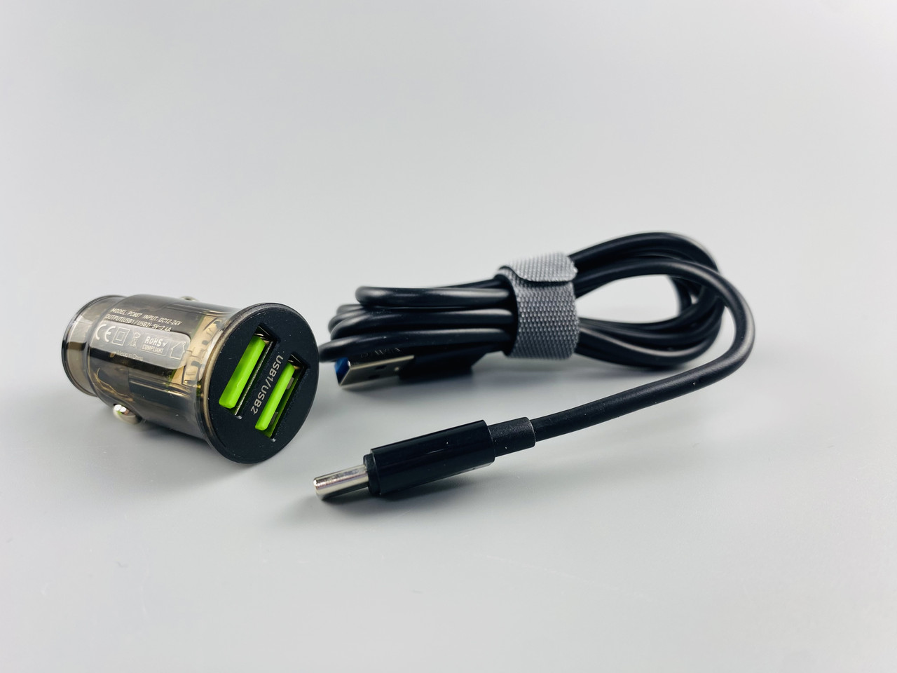 Блок зарядний для авто mini 12 V / 24 V 2 виходи USB-A, 2.4 A,  провід USB-Type-C у комплекті