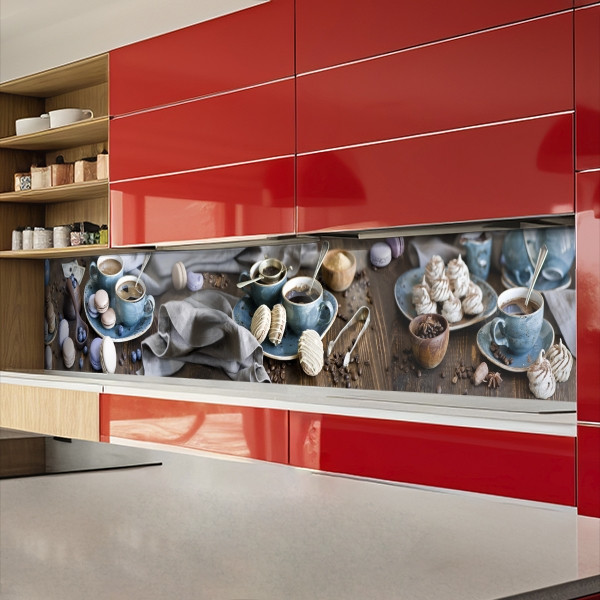 Наклейка на кухонний фартух 60 х 200 см, з захисною ламінацією, чашка кави з макаронсами