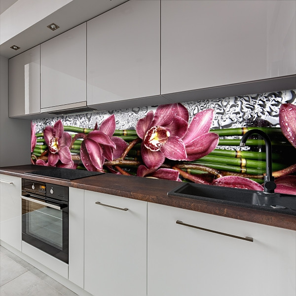 Наклейка на кухонний фартух 60 х 200 см, з захисною ламінацією, таракотові орхідеї з краплями води