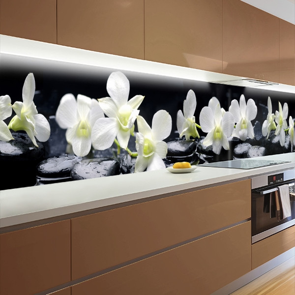 Наклейка на кухонний фартух 60 х 200 см, з захисною ламінацією, білі орхідеї на каміннях