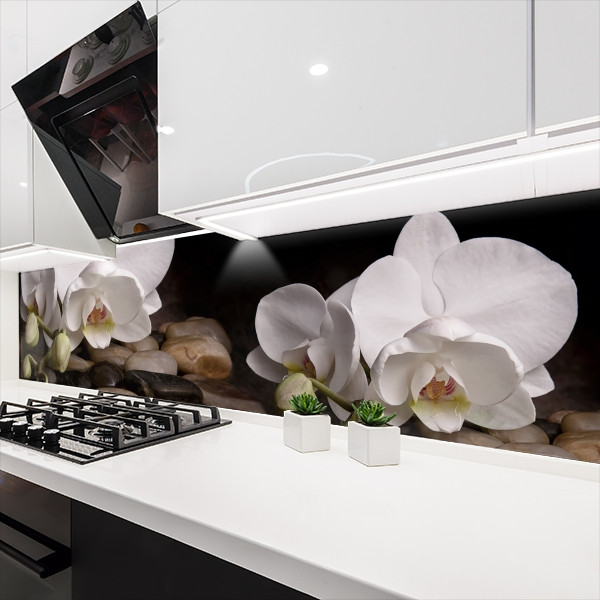 Наклейка на кухонний фартух 60 х 200 см, з захисною ламінацією, білі орхідеї на камені