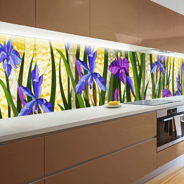 Фото панель універсальна ПЕТ, Самофіксуюча 62 х 205 см (товщина 1,2 мм) синьо-фіолетові квіти на жовтому фоні