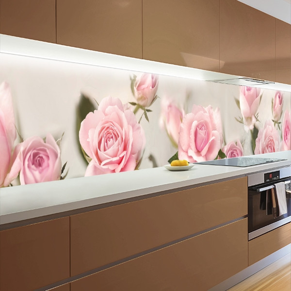 Наклейка на кухонний фартух 60 х 200 см, з захисною ламінацією, ніжно-рожеві троянди