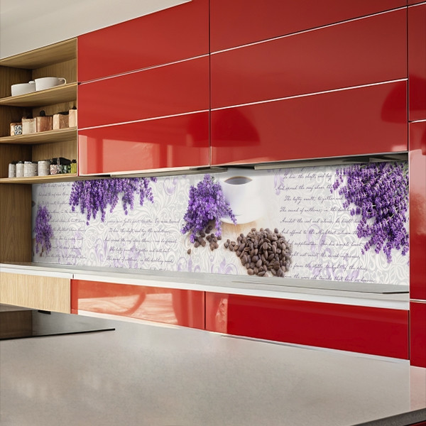Наклейка на кухонний фартух 60 х 200 см, з захисною ламінацією, лавандові квіти з кавовими зернами
