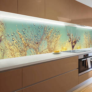 Фото панель універсальна ПЕТ, Самофіксуюча 62 х 205 см (товщина 1,2 мм) кольорові кульбаби з краплями роси на жовто-блакитному