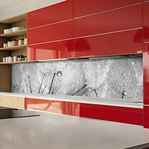 Фото панель універсальна ПЕТ, Самофіксуюча 62 х 205 см (товщина 1,2 мм) сірі кульбаби з краплями роси на сірому фоні