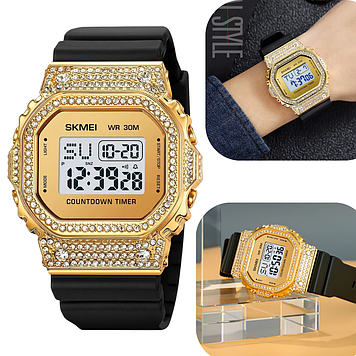 Жіночий наручний годинник електронний зі стразами квадратний стильний жіночий годинник із чорним ремінцем Skmei
