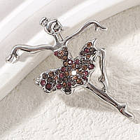 Брошка металева на сріблястій основі балерина з різнобарвними кристалами розмір 50х35 мм