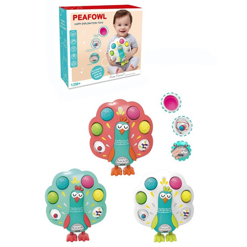 BY227 Гра сенсорна Павич, м'які кнопки/Pop it текстурні, брязкальце, піскавка, 3 кольори, коробка