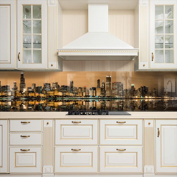 Наклейка на кухонний фартух 60 х 200 см, з захисною ламінацією, Нічний мегаполіс біля води