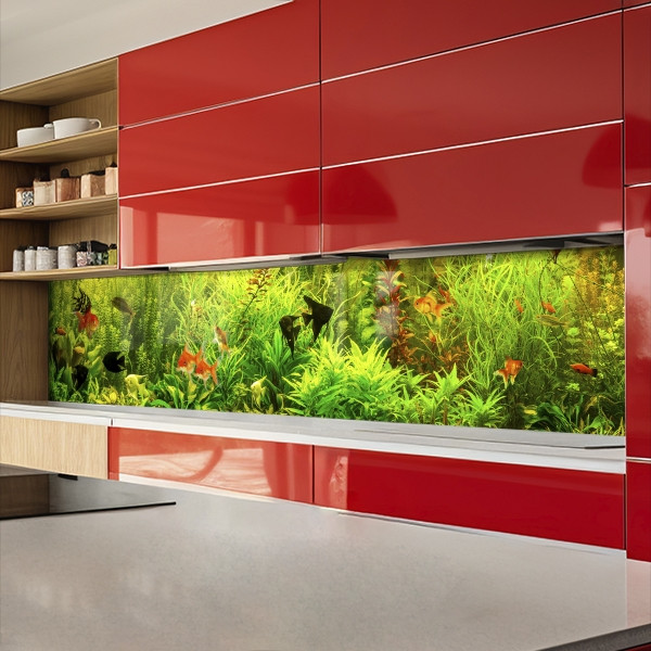 Наклейка на кухонний фартух 60 х 200 см, з захисною ламінацією, акваріумний фон із зеленю