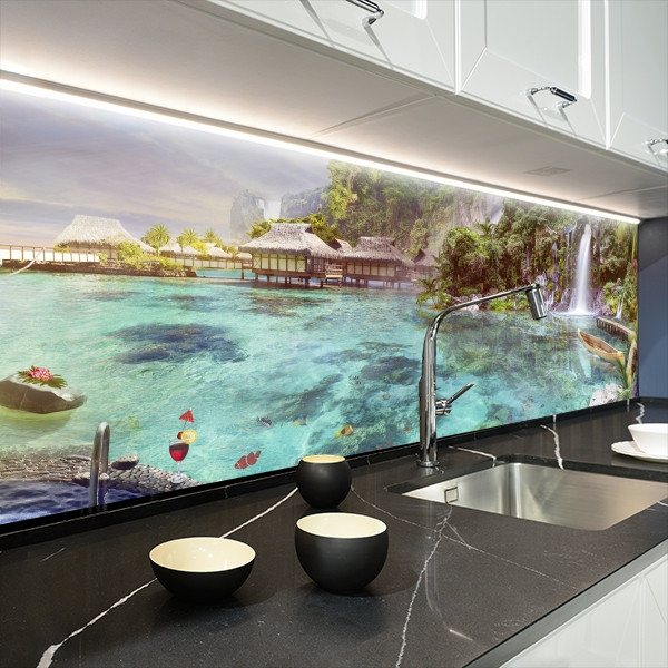 Наклейка на кухонний фартух 60 х 200 см, з захисною ламінацією, бухта з водоспадом