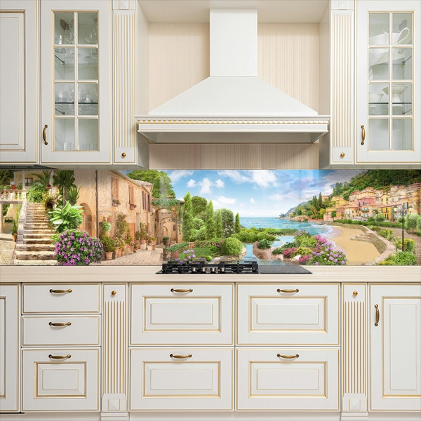 Наклейка на кухонний фартух 60 х 200 см, з захисною ламінацією, морська бухта серед старого міста