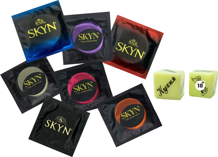 Набір Skyn Infiniti love Презервативи Безлатексні + Неонові кубики з позами для сексу, фото 1