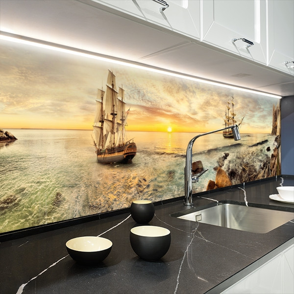 Наклейка на кухонний фартух 60 х 200 см, з захисною ламінацією, Старовинна бухта з вітрильником