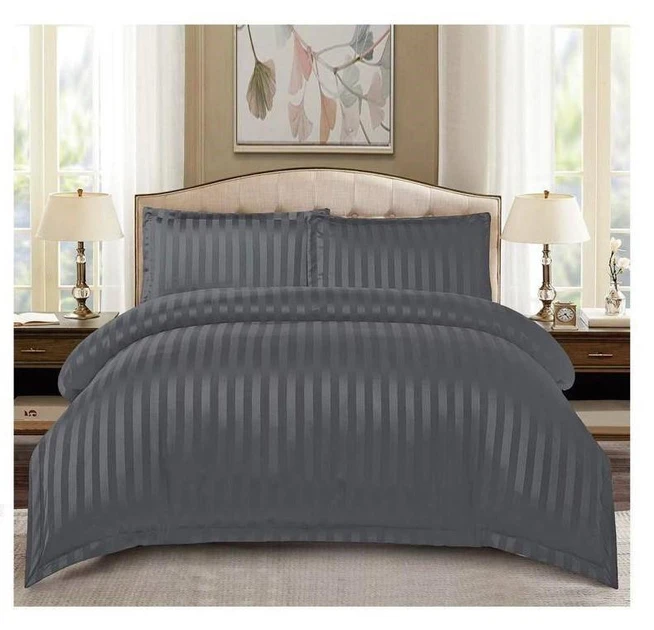 Постільна білизна євро Страйп Сатин Primavara-графіт простирадло на гумці, фото 1