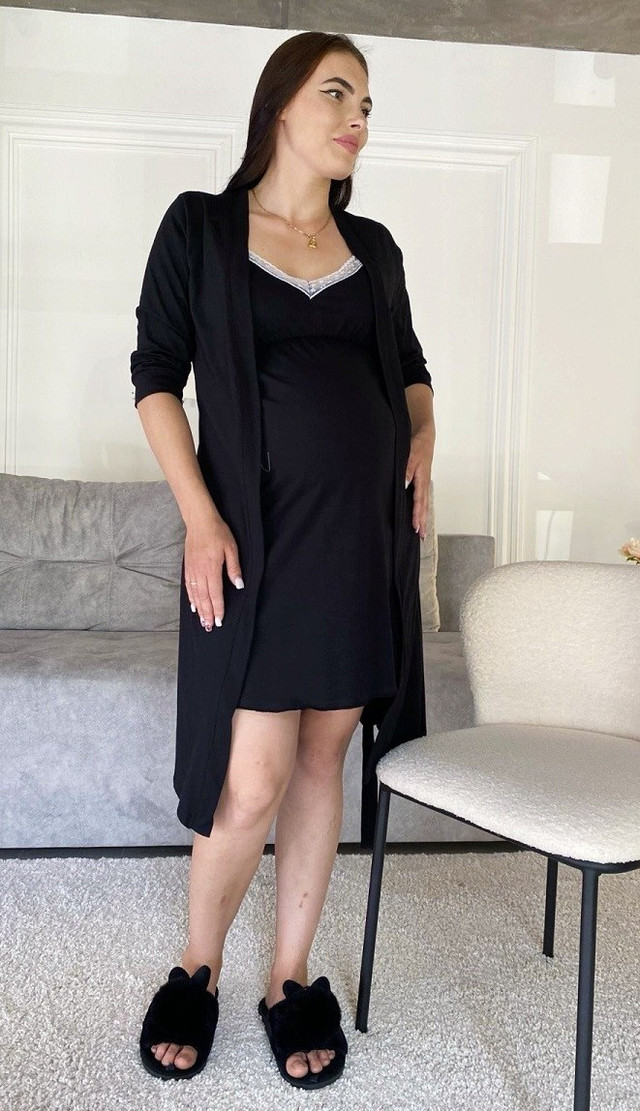 Набір жіночий літній трикотажний для вагітних і мам-годувальниць халат і сорочка мереживо однотонний чорний 44-54р